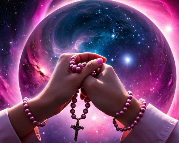 Hands Holding a Rosary Against a Cosmic Background