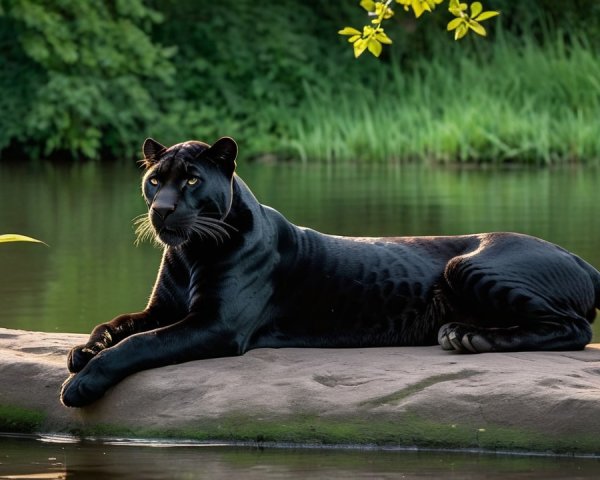 Black Panther Relaxing by a Tranquil River Scene