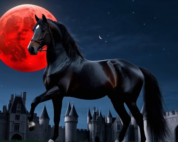 Black Horse in Front of Medieval Castle Under Moonlight