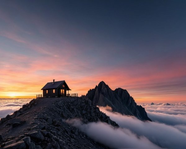 Solitary Cabin on Mountain Ridge at Sunrise