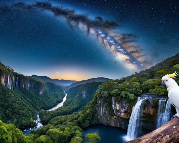 Lush Valley with Waterfalls and Night Sky View