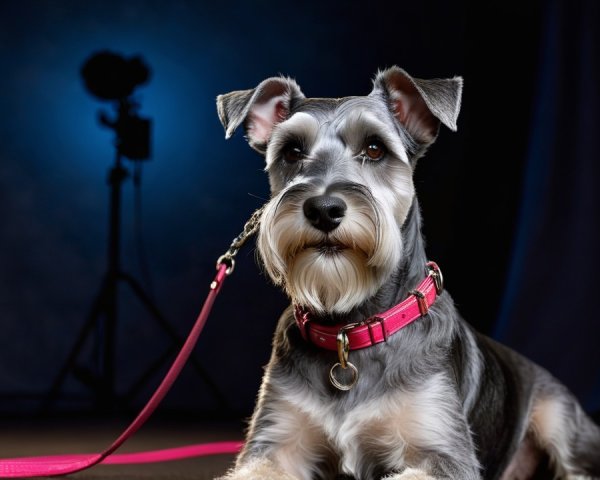 Schnauzer in Studio with Pink Collar and Blue Light