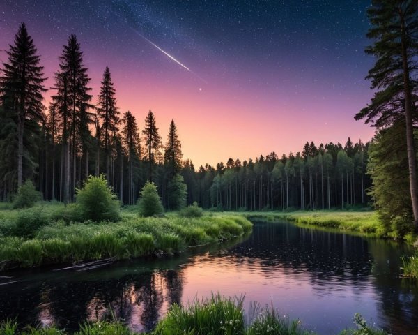 Twilight Forest Landscape with Stars and River Reflection