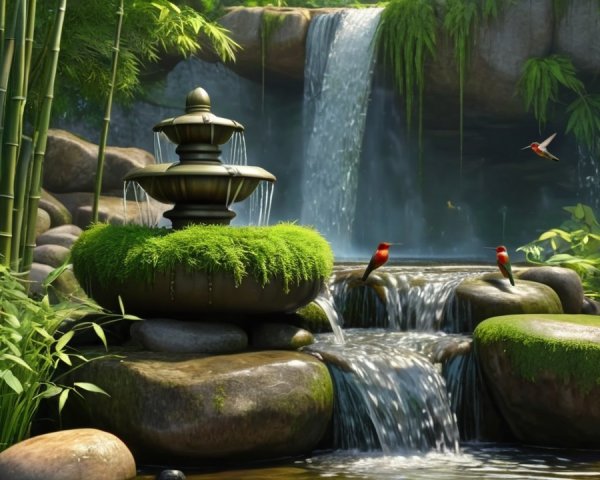 Tranquil Waterfall Surrounded by Lush Greenery