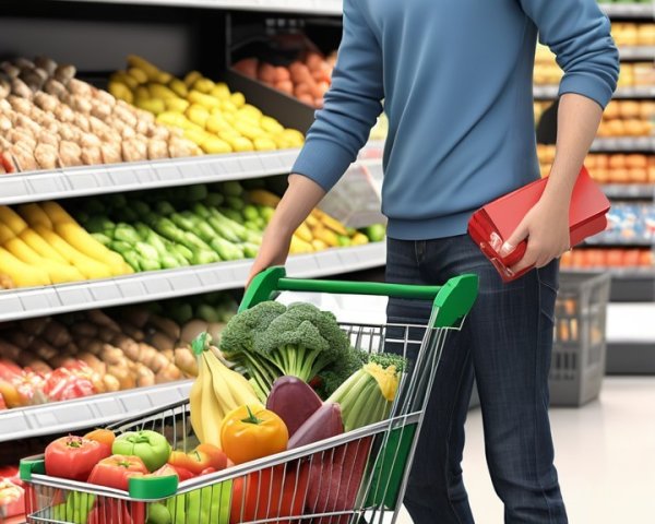 Young man shopping for colorful fruits and vegetables