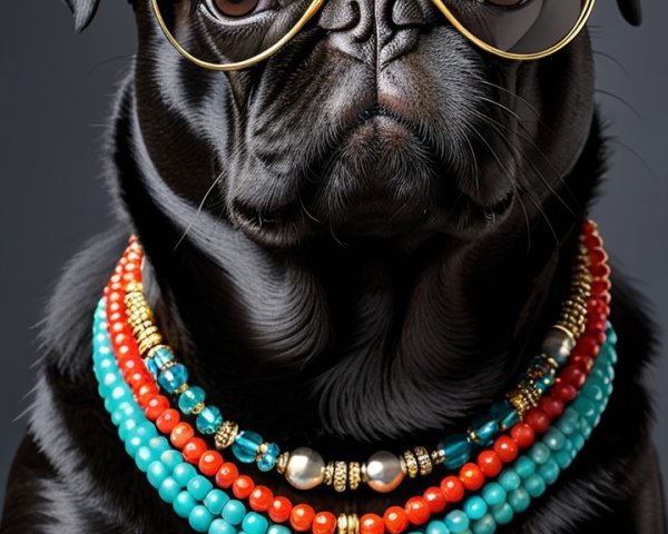 Stylish Black Pug in Oversized Sunglasses and Necklaces