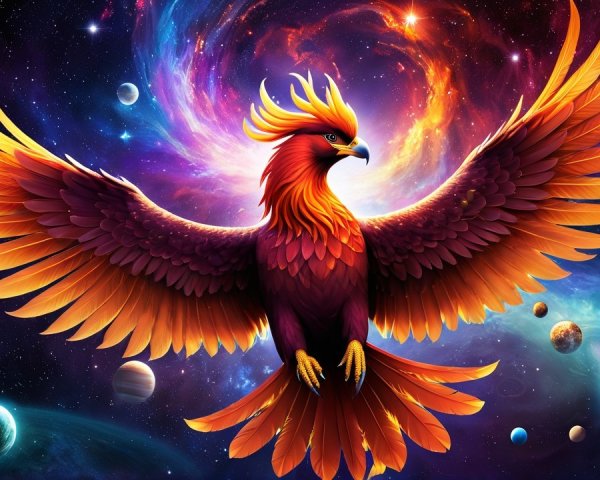 Phoenix in Cosmic Scene with Vibrant Galaxies