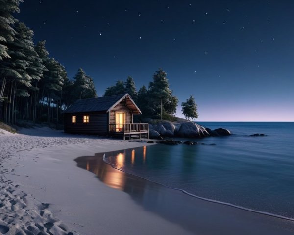 Cozy Cabin by Calm Sea Under a Full Moon Night