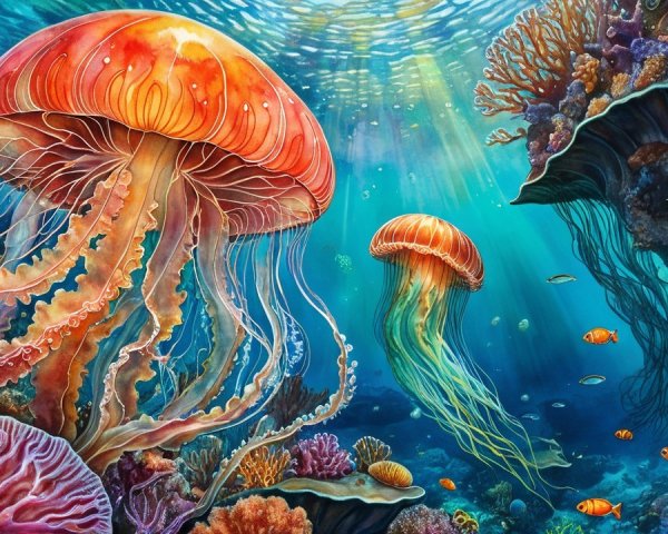 Underwater Scene with Jellyfish and Coral Reefs