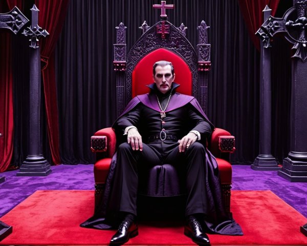 Regal Figure on Gothic Throne with Dark Drapes