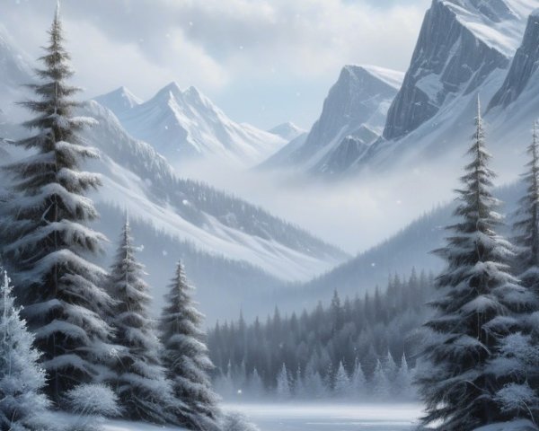 Serene Winter Landscape with Snow-Covered Mountains