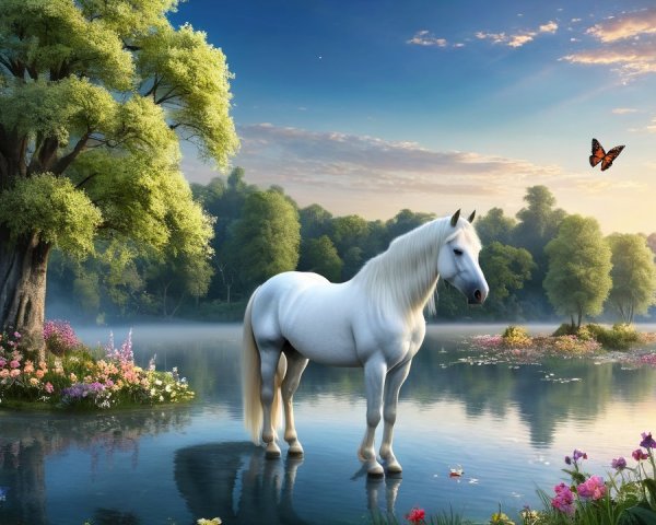 Majestic White Horse in Serene Sunrise Landscape