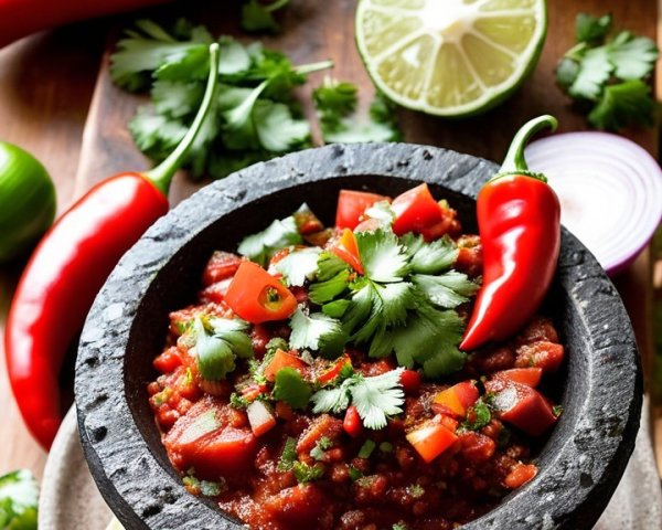 Vibrant Salsa in Traditional Stone Mortar with Ingredients