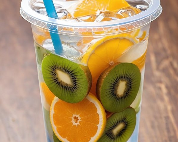 Clear Cup with Water, Ice, and Fruit Slices