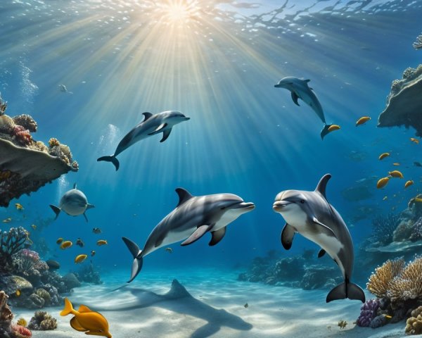 Underwater Scene of Dolphins and Coral Reefs