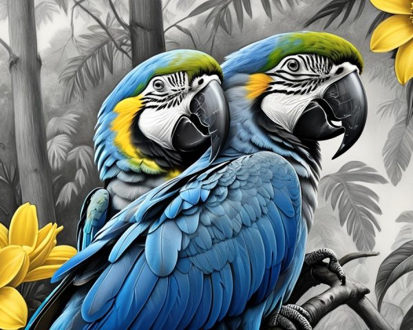 Vibrant Blue Macaws Amid Lush Jungle and Flowers