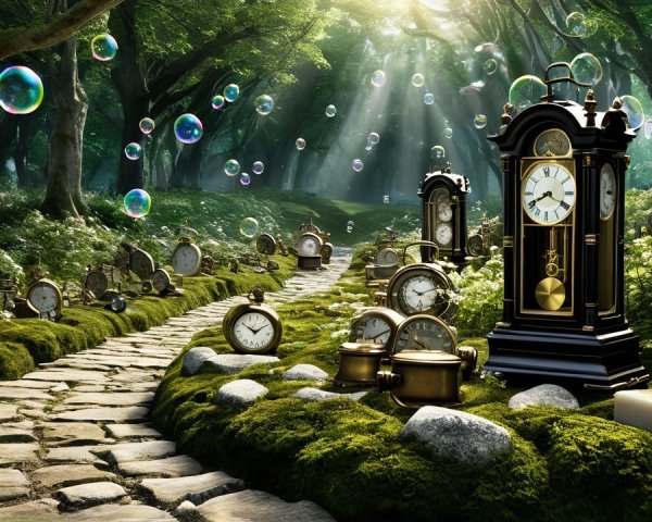 Whimsical Forest Pathway with Antique Clocks and Bubbles