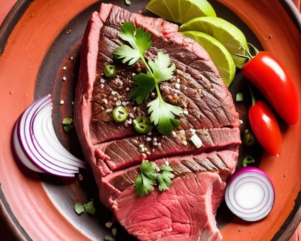 Vibrant Presentation of Marbled Raw Meat and Garnishes