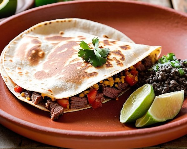 Savory Beef Taco with Black Beans and Lime Wedges
