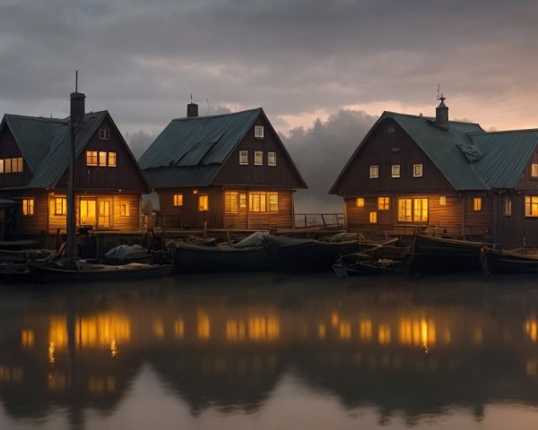 Rustic Lakeside Houses with Warm Lights at Dusk
