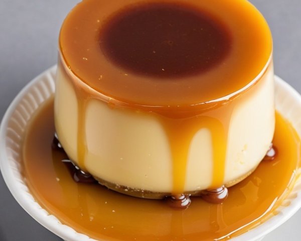 Creamy flan with glossy caramel on a white dish