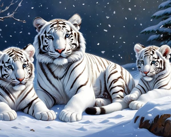 White Tigers in a Winter Landscape with Snowfall