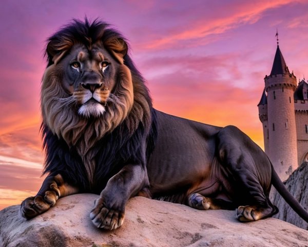Lion on Rocky Outcrop with Castle at Sunset