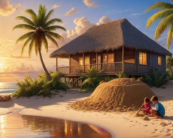 Beachfront Cottage at Sunset with Children Playing