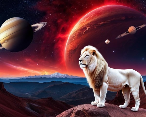 Lion on Rocky Outcrop in Cosmic Landscape