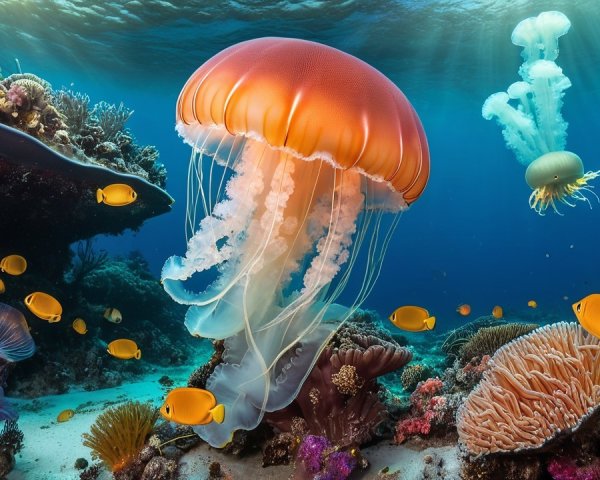Vibrant Underwater Scene with Luminous Jellyfish