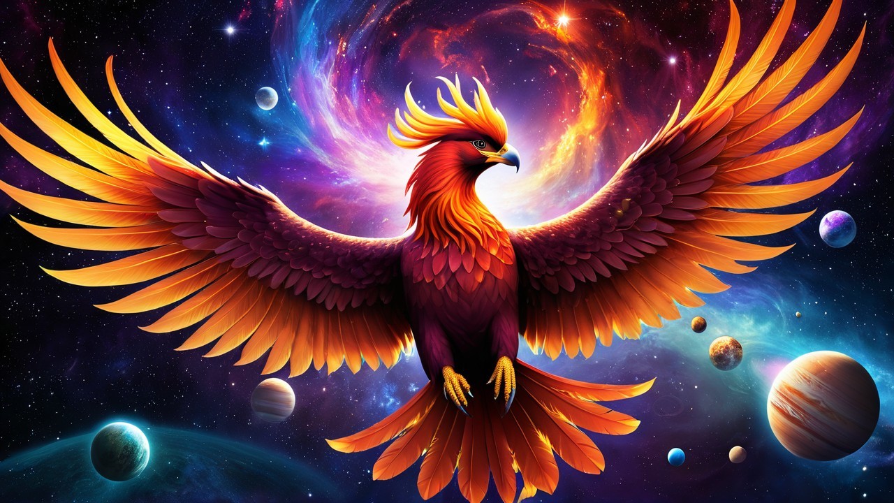 Phoenix in Cosmic Scene with Vibrant Galaxies
