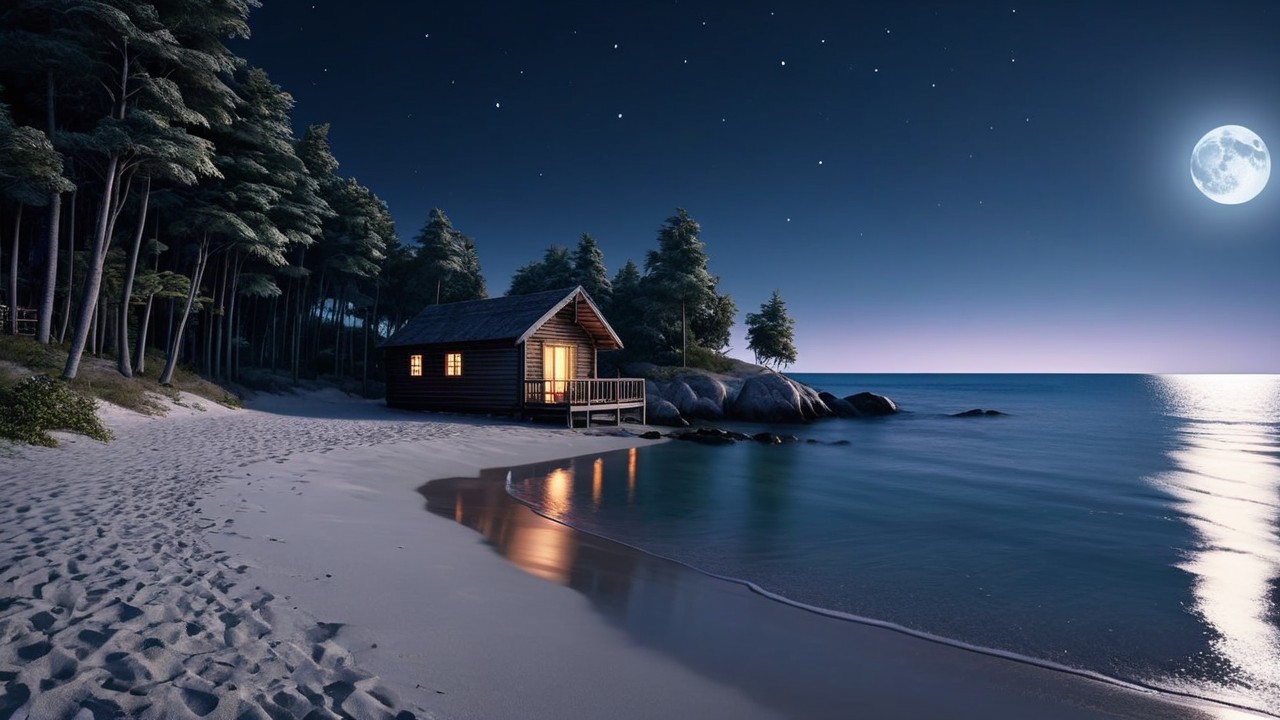 Cozy Cabin by Calm Sea Under a Full Moon Night