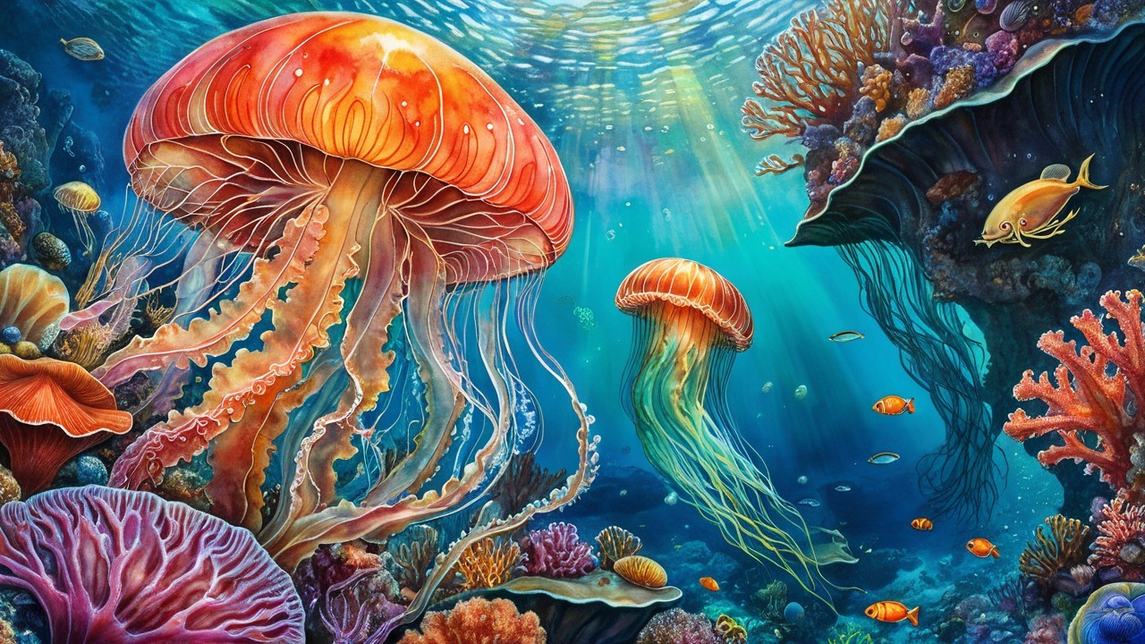 Underwater Scene with Jellyfish and Coral Reefs