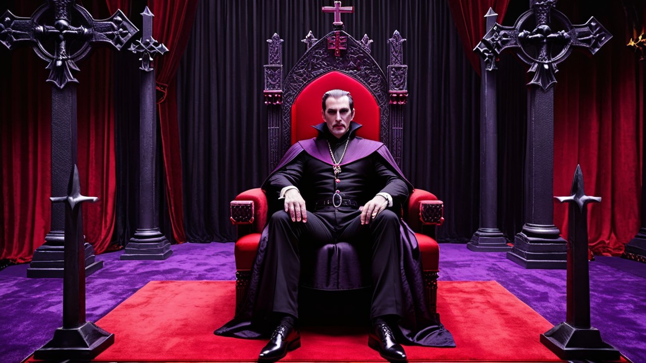 Regal Figure on Gothic Throne with Dark Drapes
