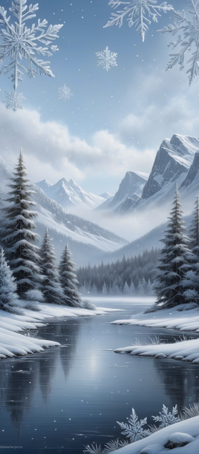 Serene Winter Landscape with Snow-Covered Mountains