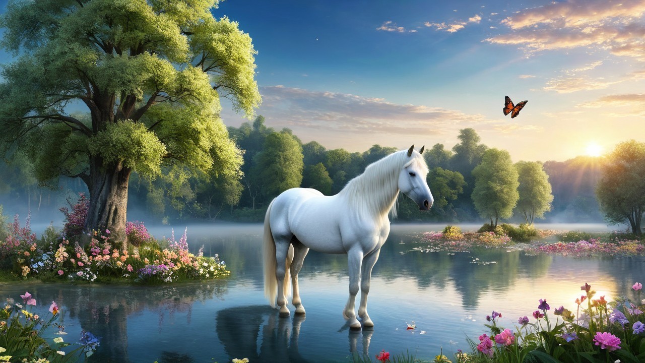Majestic White Horse in Serene Sunrise Landscape