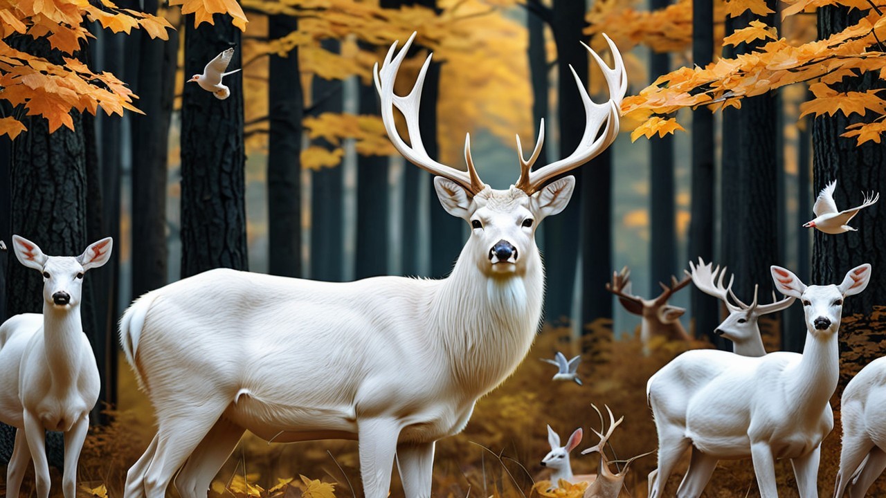 White Stag Among White Deer in Autumn Forest