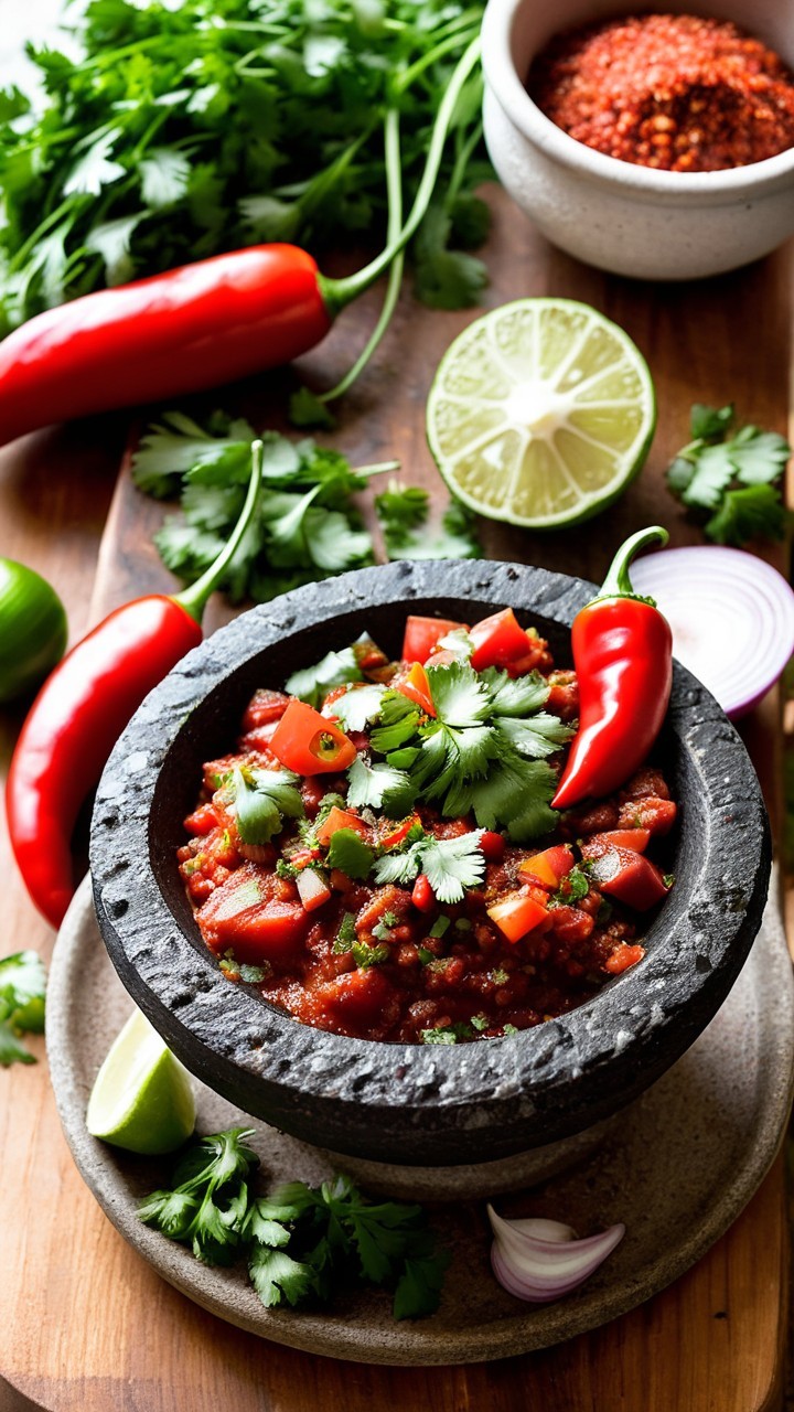 Vibrant Salsa in Traditional Stone Mortar with Ingredients