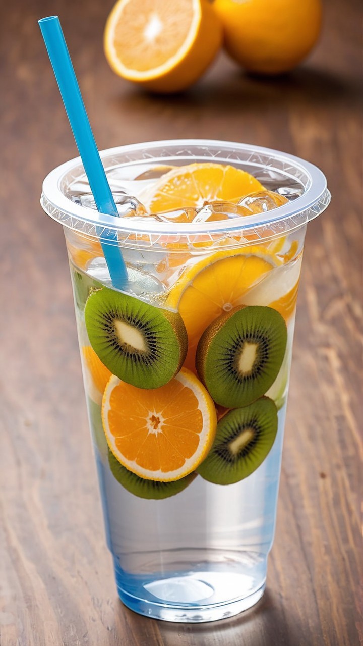 Clear Cup with Water, Ice, and Fruit Slices