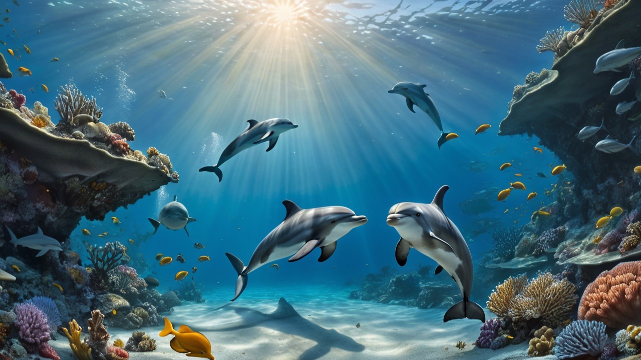 Underwater Scene of Dolphins and Coral Reefs