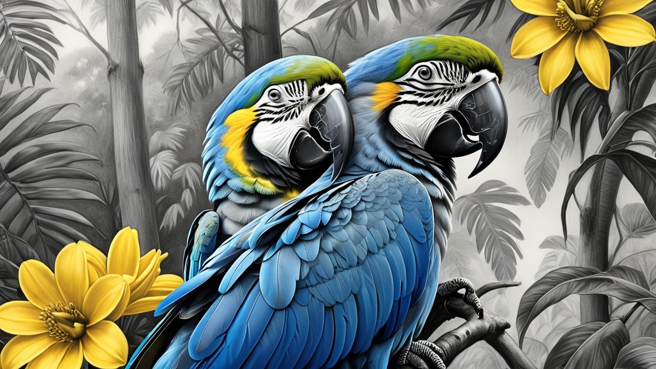 Vibrant Blue Macaws Amid Lush Jungle and Flowers