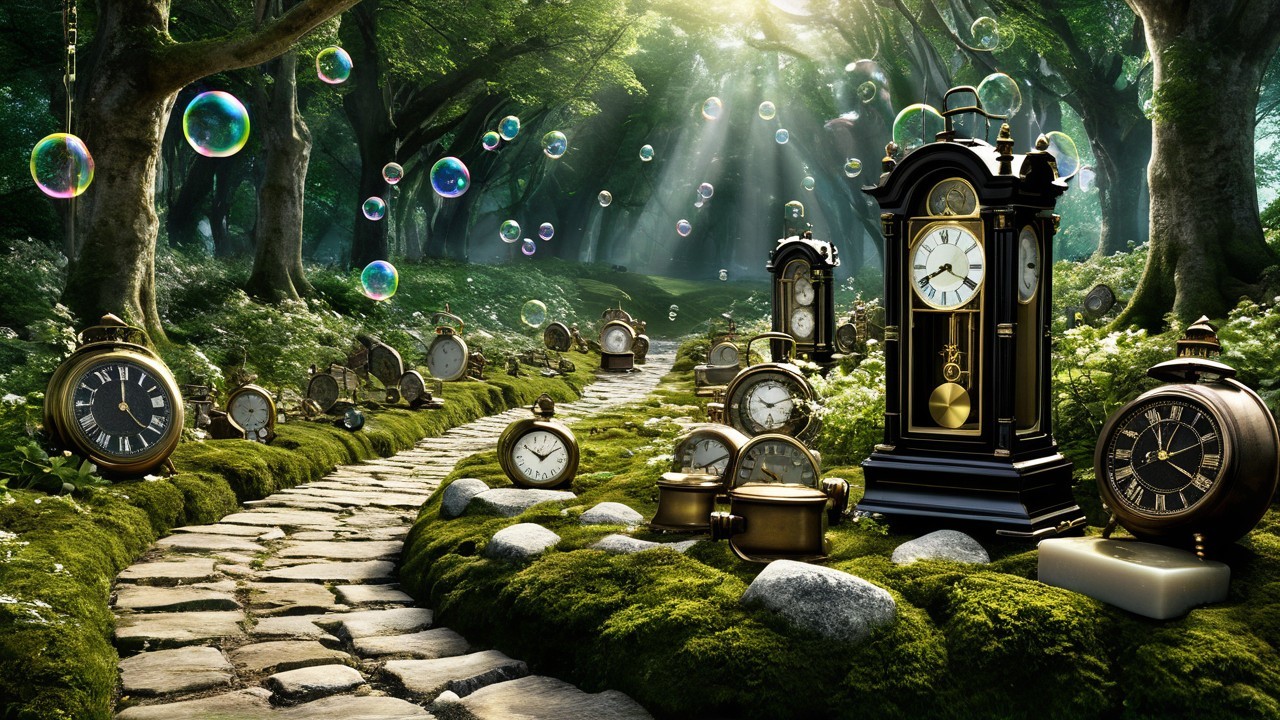 Whimsical Forest Pathway with Antique Clocks and Bubbles