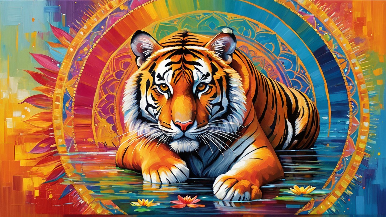 Vibrant Tiger Against Colorful Mandala Background