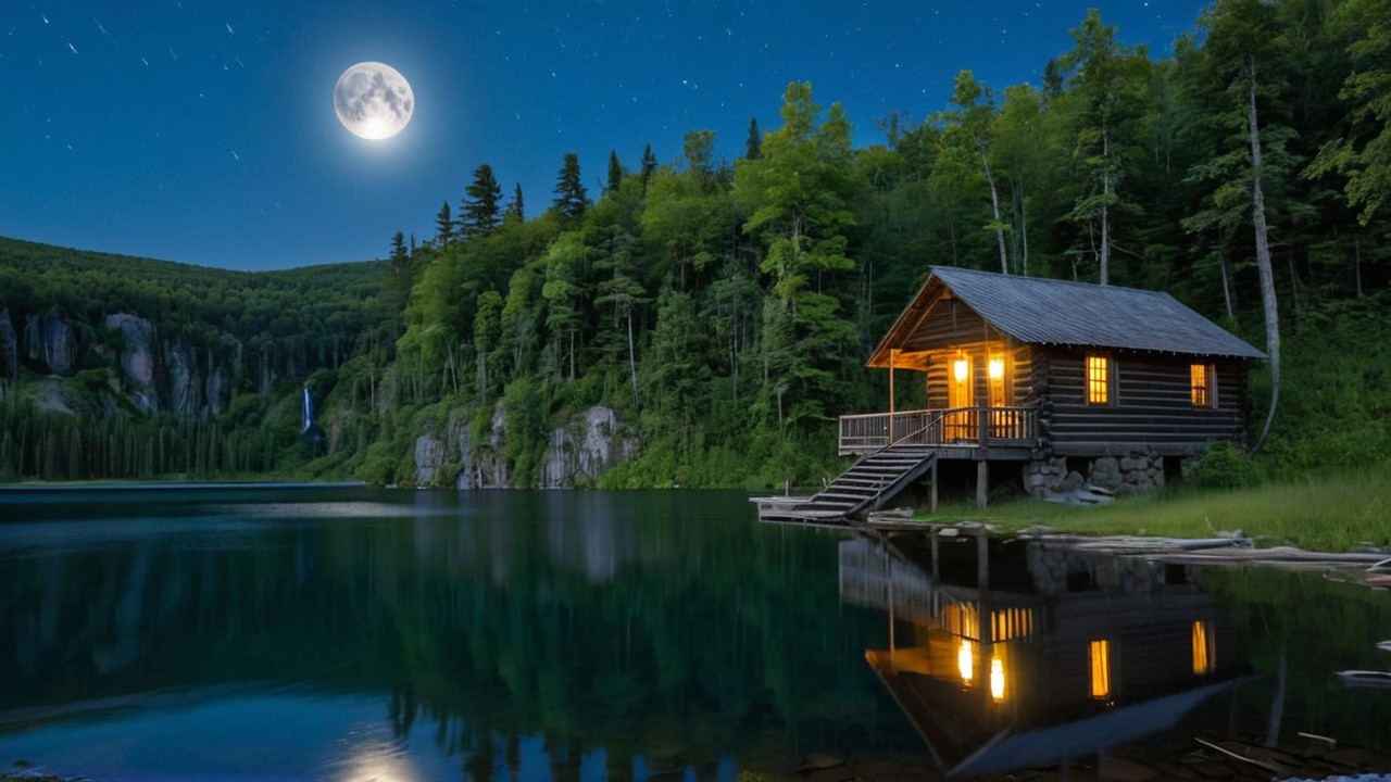 Lakeside Cabin Scene with Moonlit Reflection and Trees