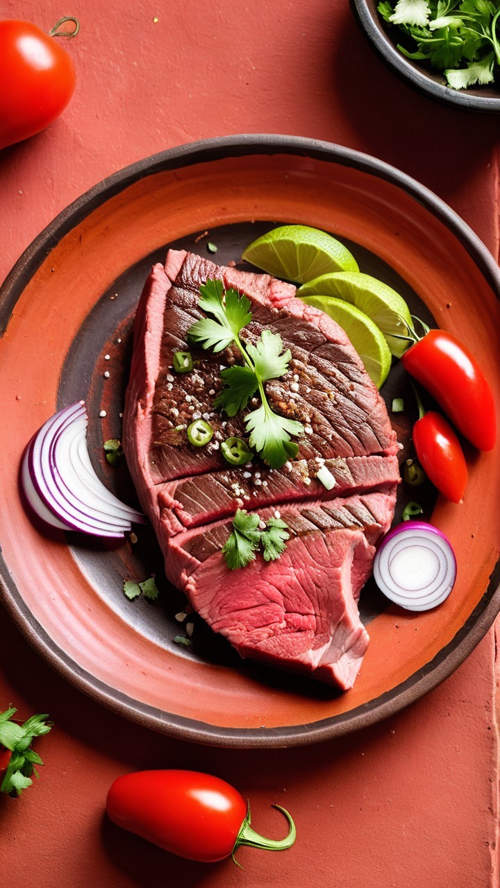 Vibrant Presentation of Marbled Raw Meat and Garnishes