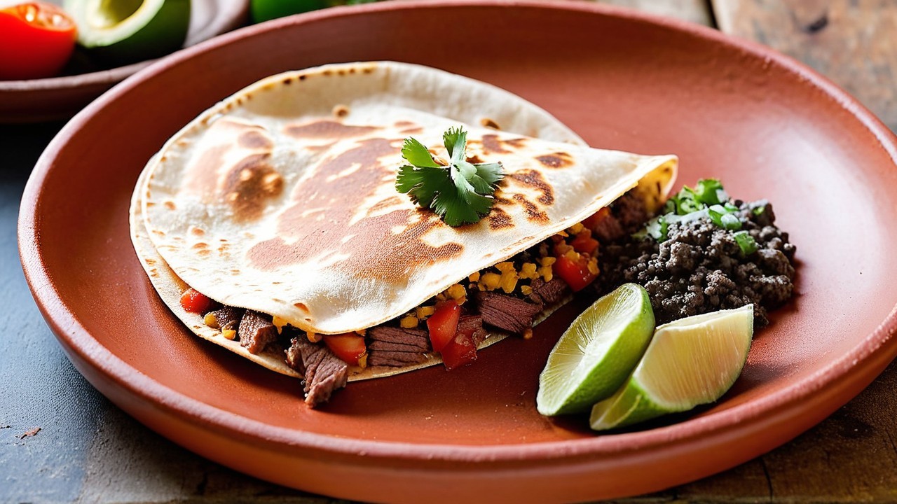 Savory Beef Taco with Black Beans and Lime Wedges