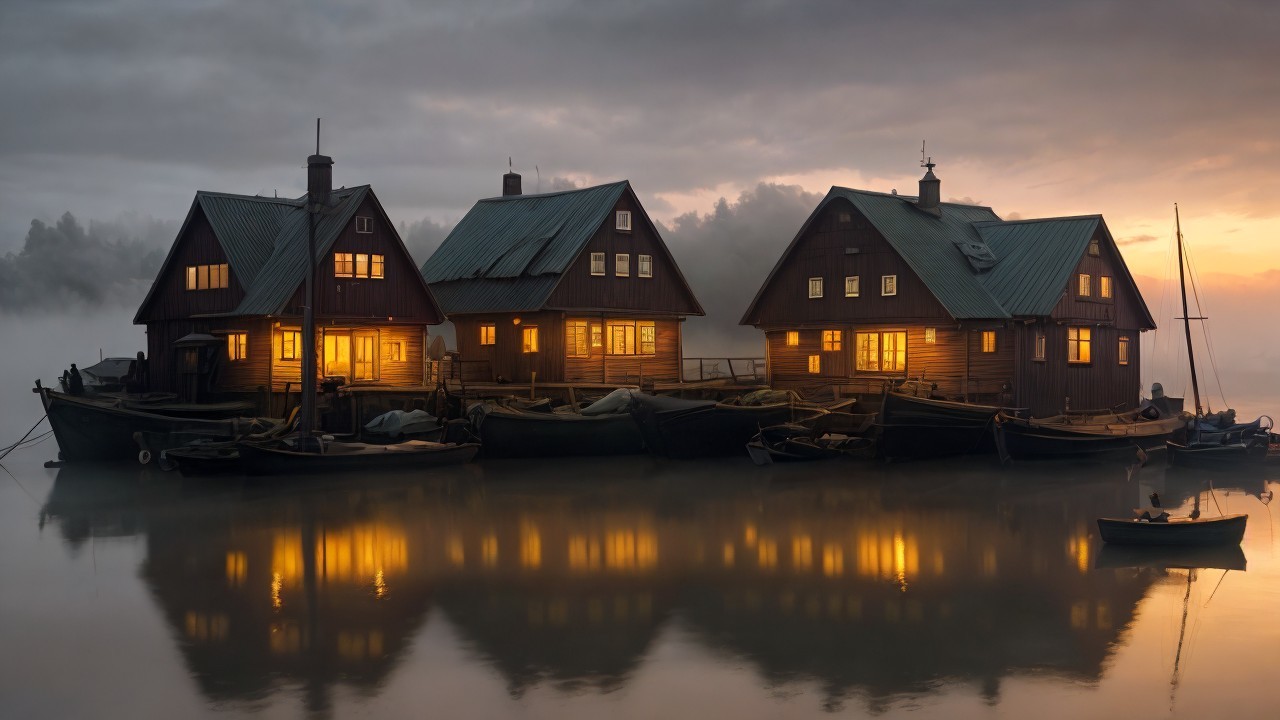 Rustic Lakeside Houses with Warm Lights at Dusk