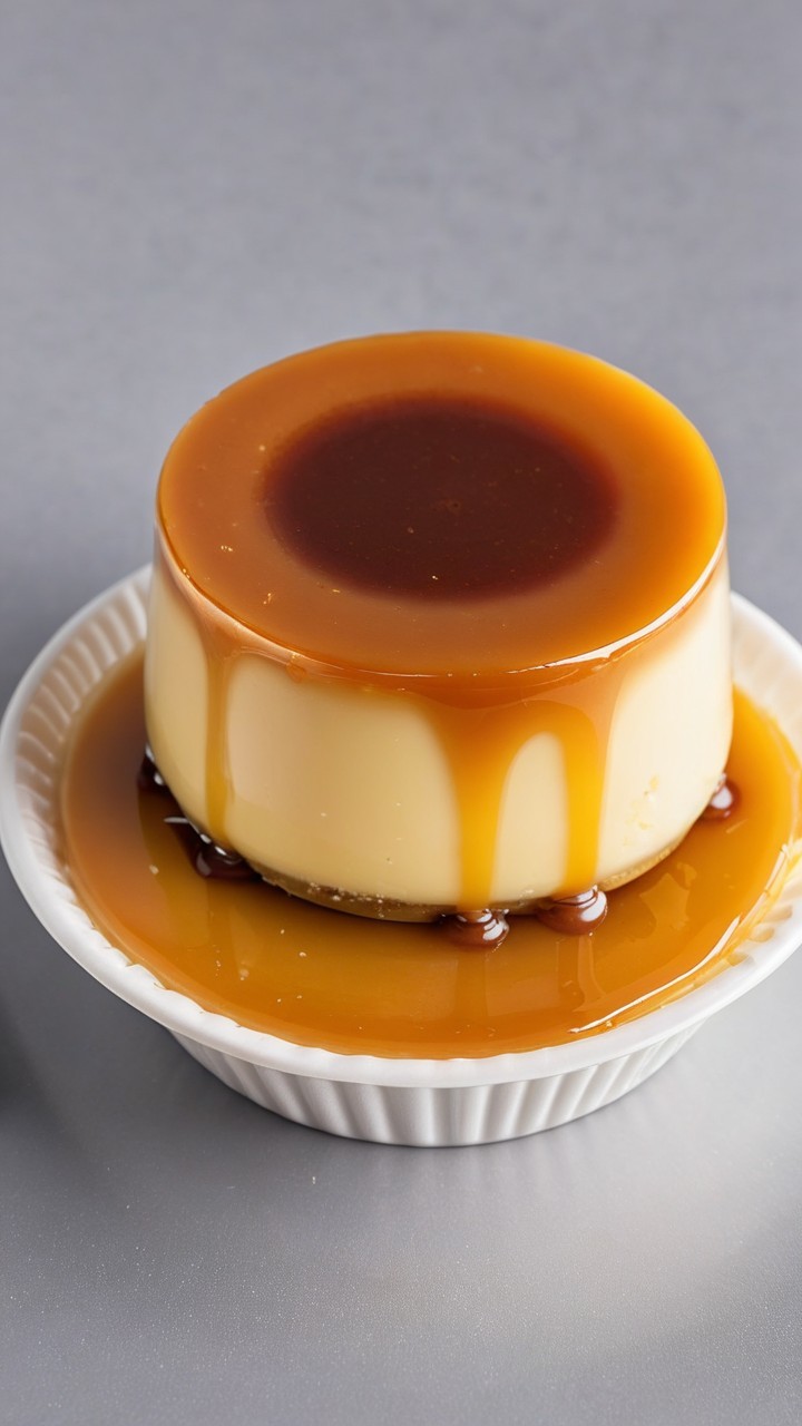 Creamy flan with glossy caramel on a white dish