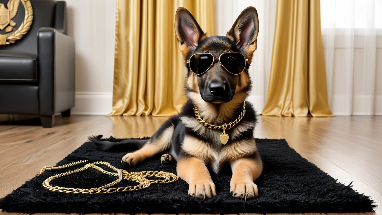 Stylish German Shepherd Dog on Plush Black Rug