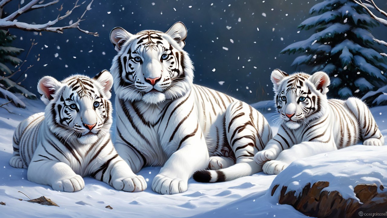 White Tigers in a Winter Landscape with Snowfall
